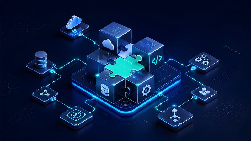 3D glowing puzzle cube with a missing piece highlighting API integration cloud software development and modular system architecture