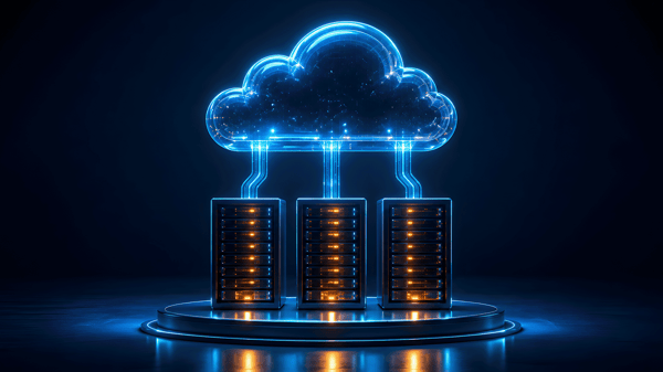 Glowing blue cloud computing interface hovering above three server racks on a platform representing digital data storage and network hosting