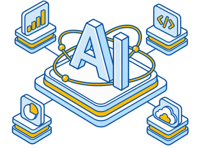 Isometric AI illustration with blue and gold outlined 3D “AI” letters at the center, surrounded by connected icons for analytics, coding, data, and cloud computing.