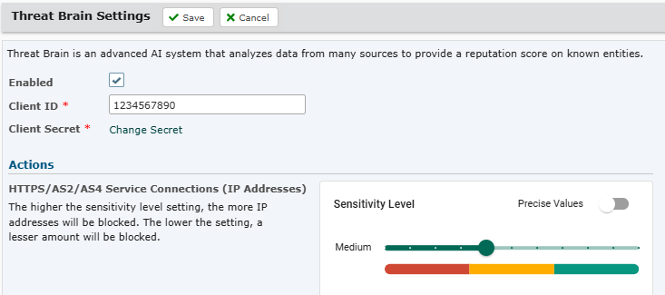 Screenshot of Fortra Threat Brain settings dashboard in GoAnywhere MFT