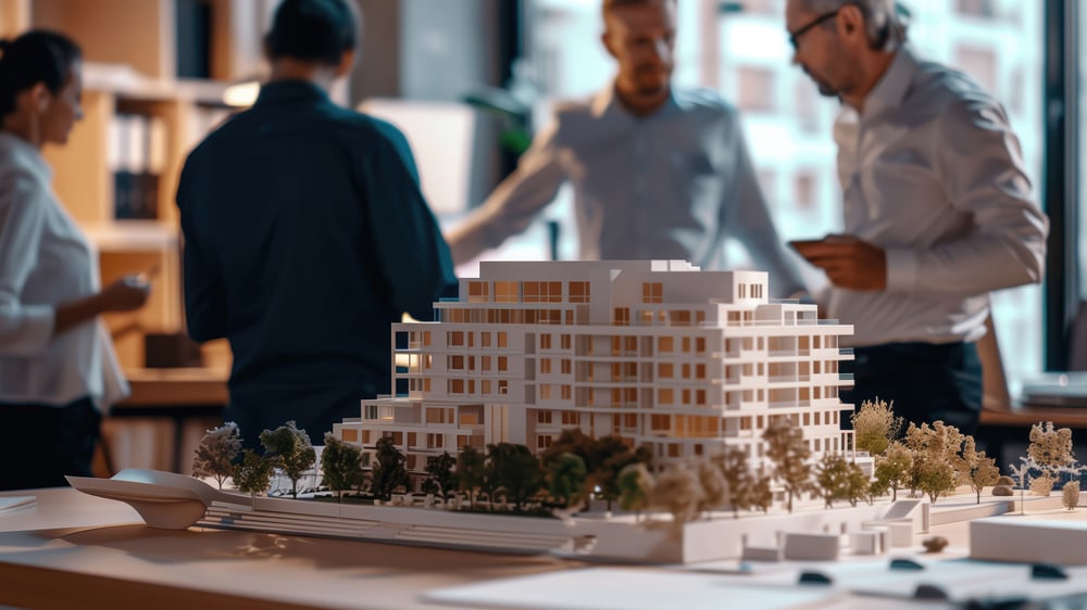 Complex scale city model on the table in project office. Real estate architect team working on new urban and business buildings project
