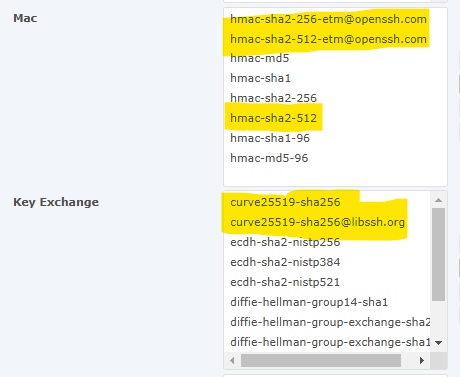 Image showing the newer, more secure algorithms (curve25519 KEX and HMAC-SHA) added to SSH resources in GoAnywhere MFT